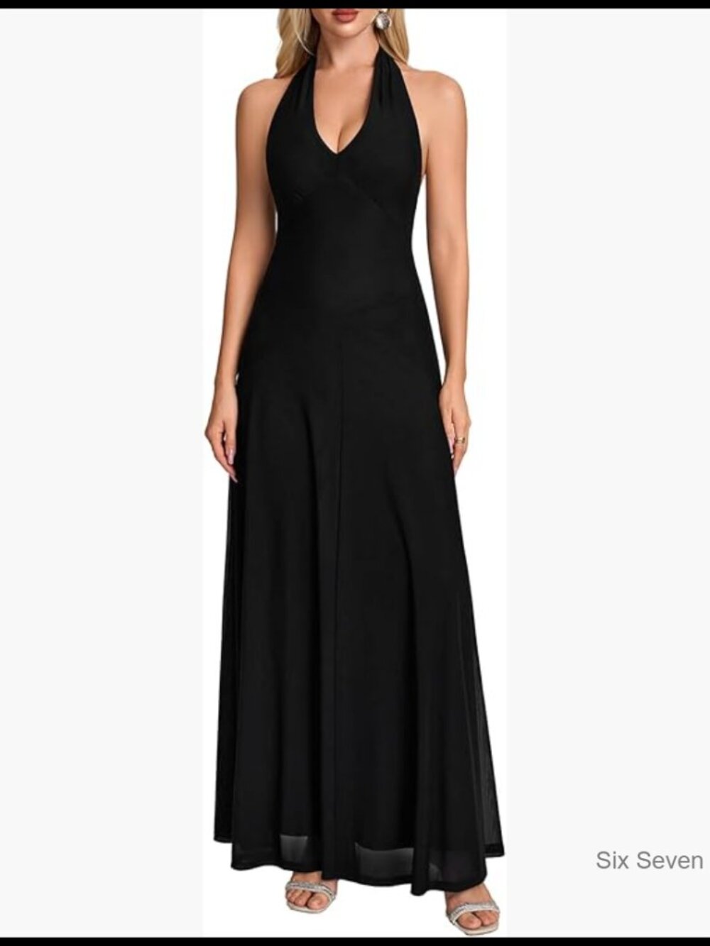 Mesh Halter V-Neck Bodycon Maxi Dress For Formal Cocktail Party